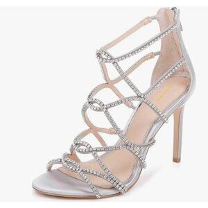 XYD Grey Bridal Strappy Peep Toe Cutout Rhinestone High Heel Stilettos Sandals